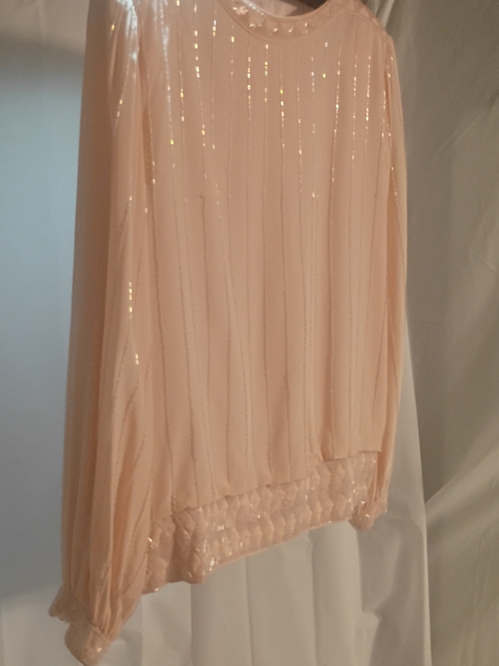 Vintage 100% Silk Talbots Blush Sequin-Striped Blouse. Made In Hong Kong